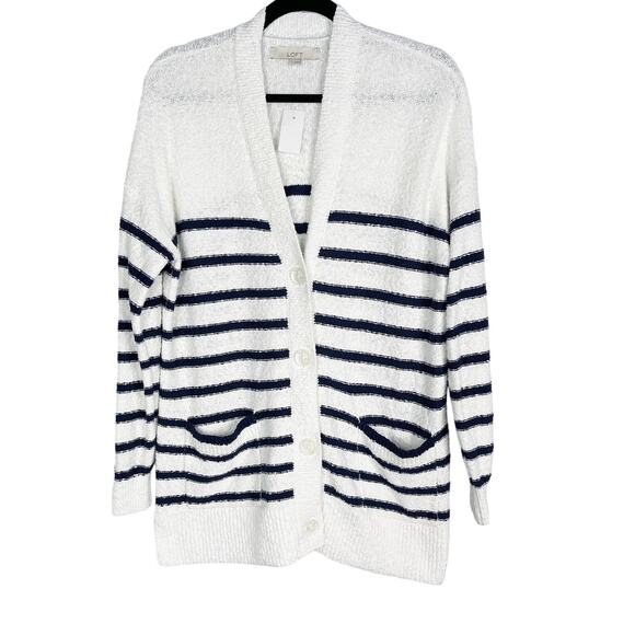 New LOFT S White Navy Blue Striped V Neck Pocket Long Cardigan Sweater Cotton - Picture 1 of 12